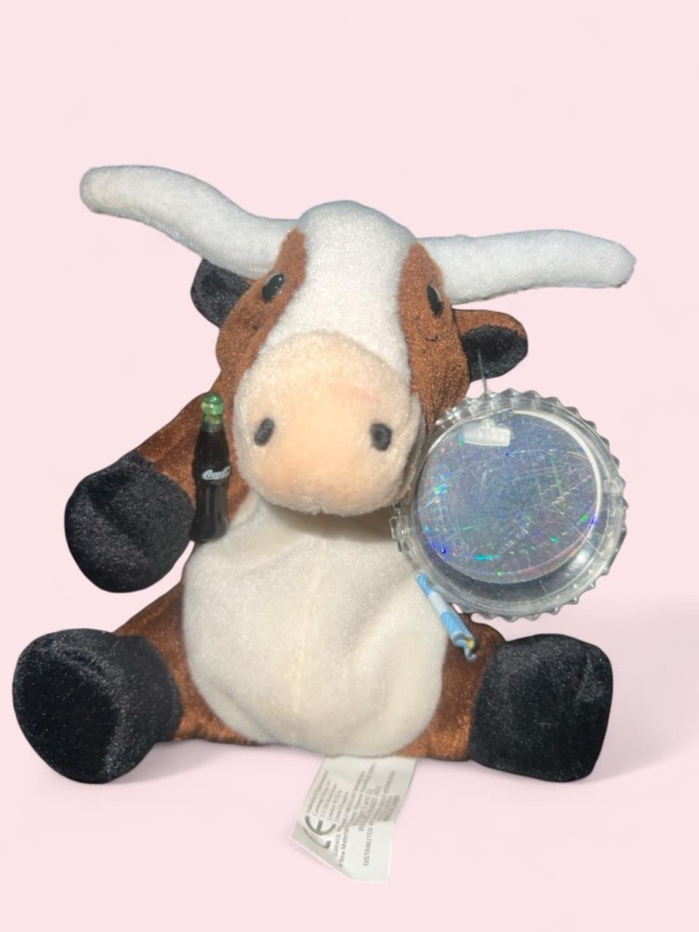 Coca-Cola Plush Longhorn Cow Holding Bottle and Shimmering Cap